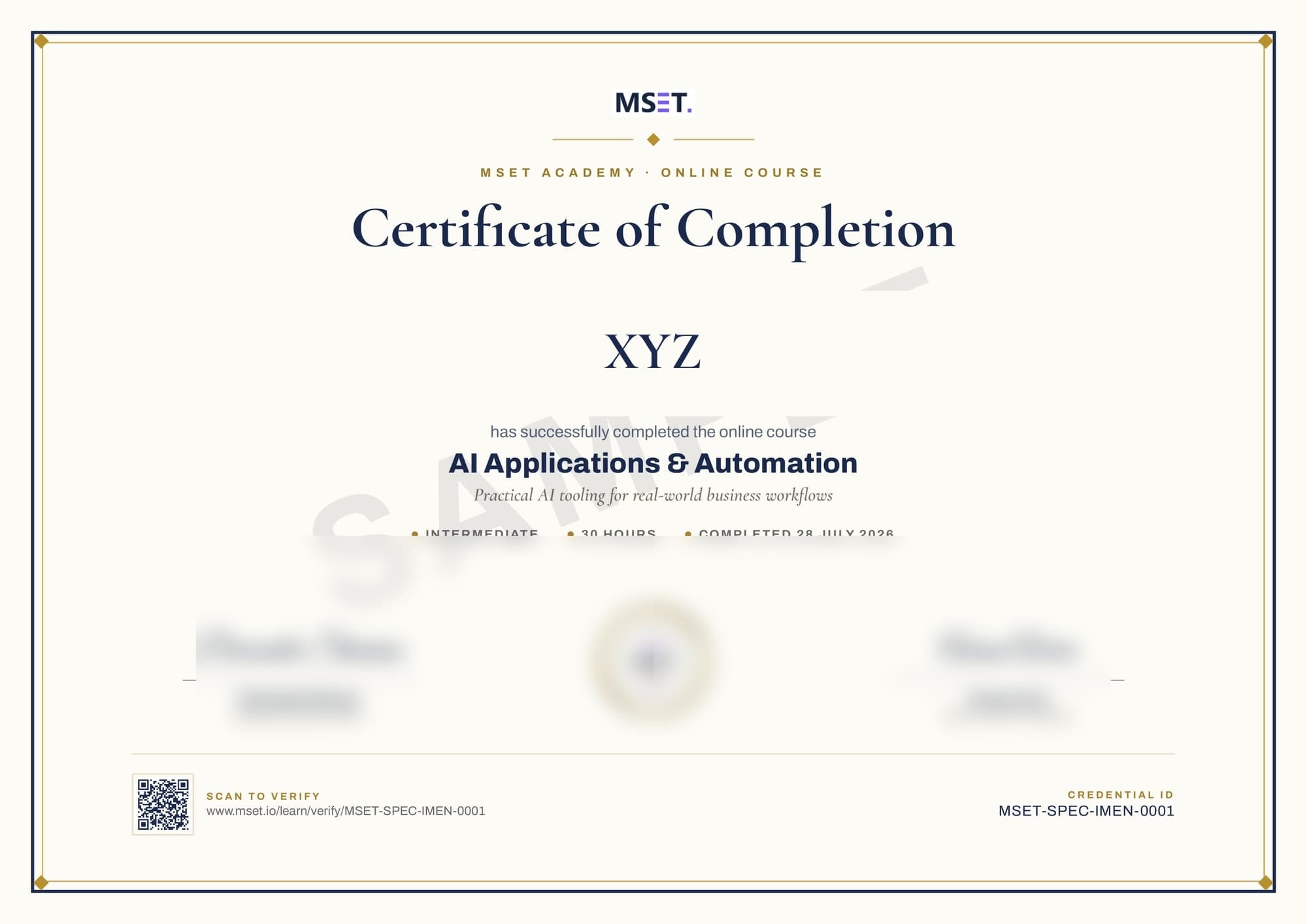Sample MSET Academy certificate of completion